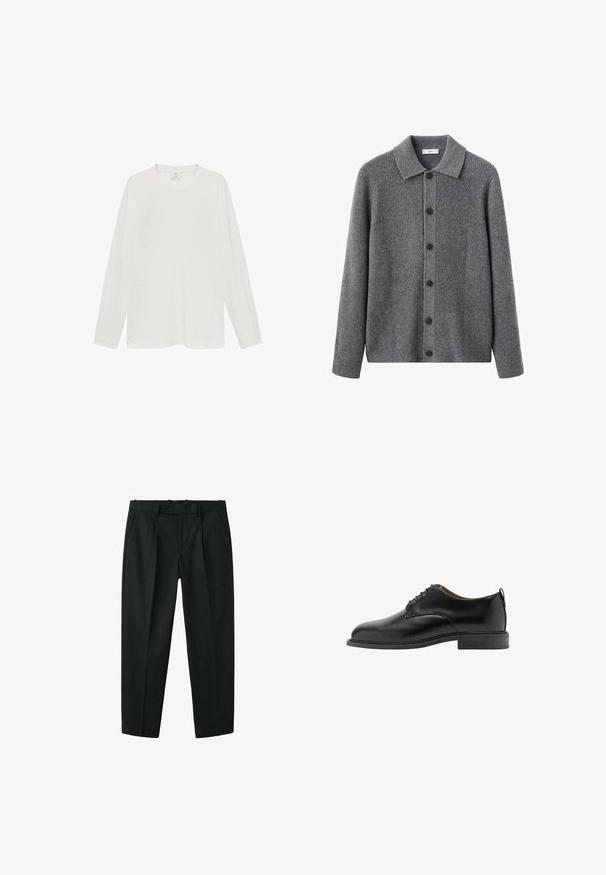 Grijze cardigan met een geribbelde structuur, kraag en een knoopsluiting aan de voorkant. Voorzien van zes zwarte knopen en lange mouwen.; Witte longsleeve t-shirt, gemaakt van zachte stof, ronde halslijn, ontspannen pasvorm, minimalistisch ontwerp, geen zichtbare logo's of patronen.; Zwarte op maat gemaakte broek met een knoop- en ritssluiting, zijzakken, riemlussen en plooien aan de voorkant.; Zwarte leren herenschoenen met gesloten vetersluiting, lage gestapelde hak en trek lus aan de achterkant, zijaanzicht.