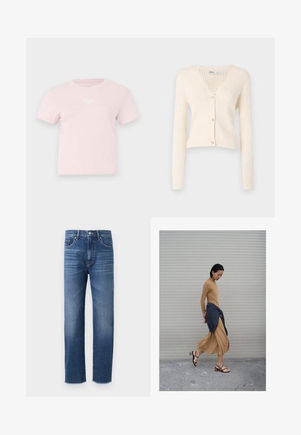 Cremefarvet strik cardigan med v-hals, lange ærmer og hjerteformede knapdetaljer. Har et struktureret ribmønster og cropped design.; Lyserød bomulds t-shirt med korte ærmer, rund halsudskæring og et lille hvidt logo detalje på brystet. Glat tekstur og afslappet design.; Blå denimjeans med straight-leg design, featuring en falmet finish, fem-lomme styling og en frynset kant.; Kvinde iført en lang beige kjole og sorte sandaler med en mørk trøje bundet omkring taljen foran en lukket rullegardin.