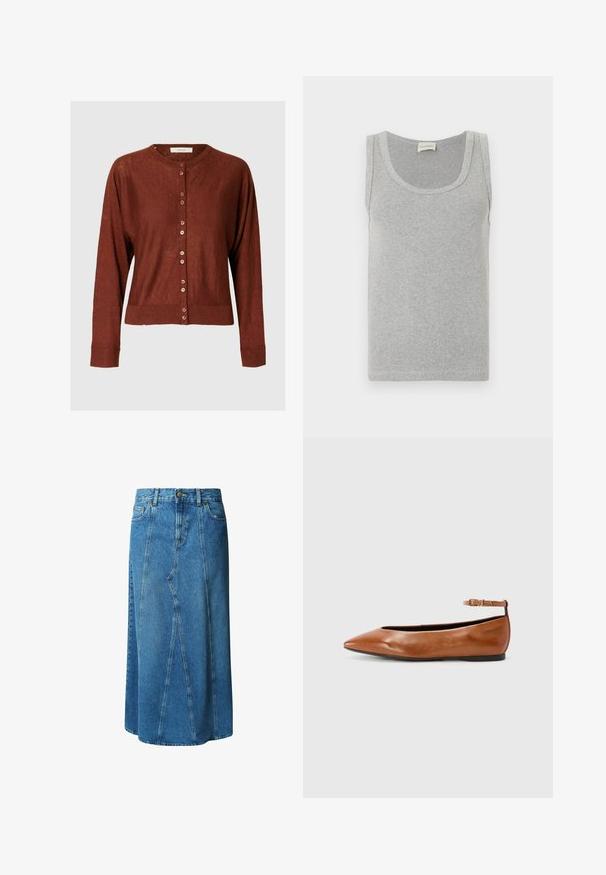 Selected Knitted 100% Linen - Cardigan - cherry mahogany; Lysegrå ribstrikket ærmeløs tanktop med rund halsudskæring og lille broderet logo nær kanten.; Lys blå denimnederdel i knælængde med en tætsiddende talje, knaplukning og frontlommer; har en paneleret design og rå kant.; Tamaris Ballerinasko m/ rem - cognac