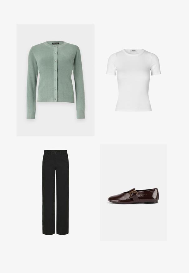 Cardigan tricoté vert clair à manches longues, col rond, avec des boutons argentés sur le devant.; T-shirt blanc à manches courtes en tissu côtelé. Comprend un col rond et une silhouette ajustée. Texture lisse sans motifs.; Pantalons larges noirs en denim avec une texture lisse. Comprend des poches avant, une fermeture à bouton et des passants de ceinture.; Chaussure plate en cuir verni marron foncé avec une large bride à boucle dorée et un bout arrondi, présentée de profil sur fond blanc.