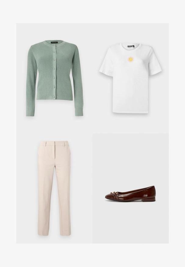 Cardigan tricoté vert clair à manches longues, col rond, avec des boutons argentés sur le devant.; T-shirt en coton blanc à manches courtes avec un petit motif de soleil brodé en jaune et rose sur la poitrine.; Pantalon beige ajusté à jambe droite avec passants de ceinture, fermeture éclair frontale et bouton, sur un fond clair uni.; Chaussure plate en cuir verni marron avec un bout pointu, comportant trois lanières décoratives et un petit talon carré. Texture lisse et finition brillante.