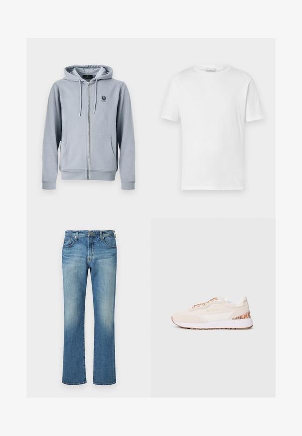 Lichtgrijze zip-up hoodie met zakken aan de voorkant, trekkoorden aan de capuchon en een klein zwart logopatch op de linkerborst.; Witte t-shirt met korte mouwen van katoen. Heeft een ronde halslijn en een rechte zoom. Geen patronen of versieringen. Eenvoudig ontwerp.; Blauwe denim broek, met rechttoe-rechtaan design en een vervaagde wassing, voorzien van een klassieke vijf-pocket stijl en metalen hardware accenten.; Sneakers met een beige suède bovenkant, witte accenten, een brown rubberen zool en kleurrijke gestreepte details op de hiel; heeft brown veters.