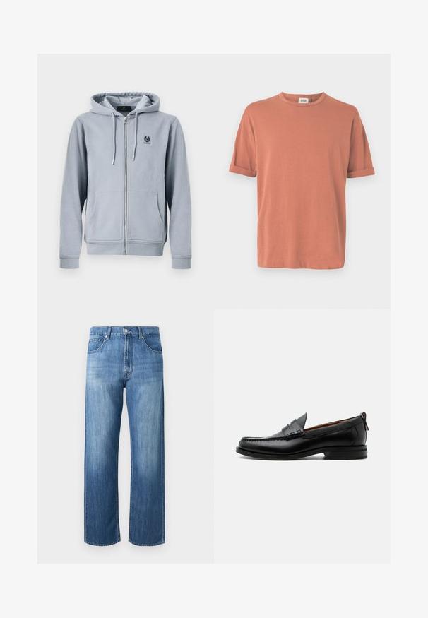 Sweat à capuche zippé gris clair avec poches avant, cordons de serrage sur la capuche et un petit patch logo noir sur la poitrine à gauche.; T-shirt à manches courtes de couleur rose poussière, en tissu doux, avec un col rond et des manches retroussées, offrant une coupe décontractée.; Jean en denim bleu droit avec poches avant, passants pour ceinture, fermeture à boutons et zones légèrement décolorées sur les cuisses et les genoux.; Mocassin homme en cuir noir avec couture moc toe, bride penny, col texturé et petit talon empilé sur fond blanc.