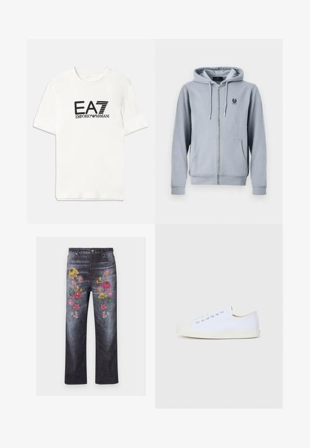 Sudadera con capucha gris claro con cremallera, bolsillos frontales, cordones en la capucha y un pequeño parche negro con logo en el pecho izquierdo.; Camiseta blanca de algodón con un logo negro de EA7 y el texto "EMPORIO ARMANI". Mangas cortas, cuello redondo, corte regular, textura suave.; Jeans de mezclilla de lavado oscuro con cintura alta, piernas rectas y coloridos patrones florales bordados en la parte delantera de los muslos.; Zapatilla de lona blanca con punta redondeada, puntera de goma y suela plana. Presenta ojetes de metal y un diseño simple de cordones.
