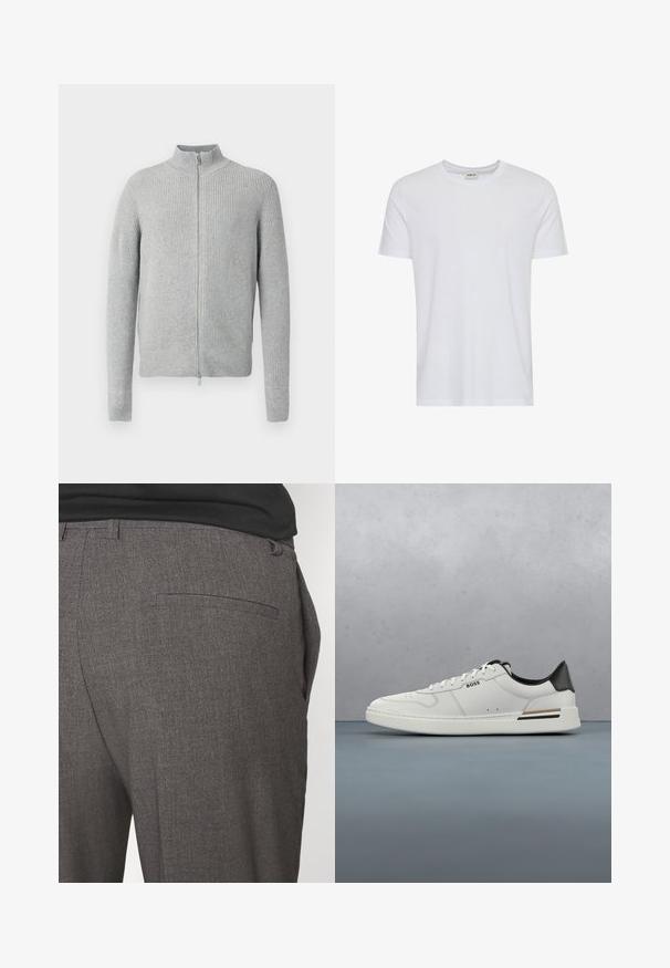Suéter gris con cremallera y diseño acanalado, con cuello alto, mangas largas y corte ajustado. Hecho de un material de punto suave con detalles texturizados.; Camiseta blanca lisa de manga corta y cuello redondo, mostrada sobre un fondo blanco, con una pequeña etiqueta en el cuello que muestra la marca “Solid”.; Pantalones grises ajustados con una textura suave, que cuentan con un bolsillo trasero y un diseño slim fit. La tela tiene un patrón sutil.; Zapatilla baja blanca con talón negro, cierre con cordones, perforaciones sutiles y el logo "BOSS" en el costado, mostrada desde el perfil exterior.