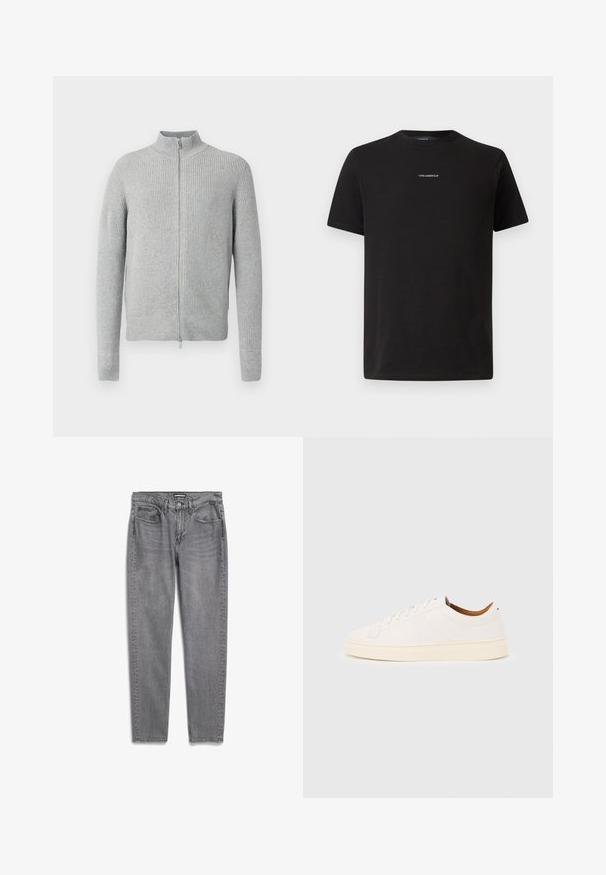 Grijze geribbelde sweater met rits en hoge kraag, lange mouwen en een aansluitend model. Gemaakt van een zachte gebreide stof met textuurelementen.; Zwart katoenen t-shirt met een ronde hals, korte mouwen en een klein wit "KARL LAGERFELD" logo op de borst. Eenvoudig ontwerp.; Grijze spijkerbroek van denim met een rechte pijp, vijf zakken, subtiele vervaging en een rits. Kenmerkt zich door contrasterende stiksels en een gebrandmerkte tailleband.; Witte lage sneaker met vetersluiting, minimale stikdetails en een crèmekleurige zool op een lichtgrijze achtergrond.