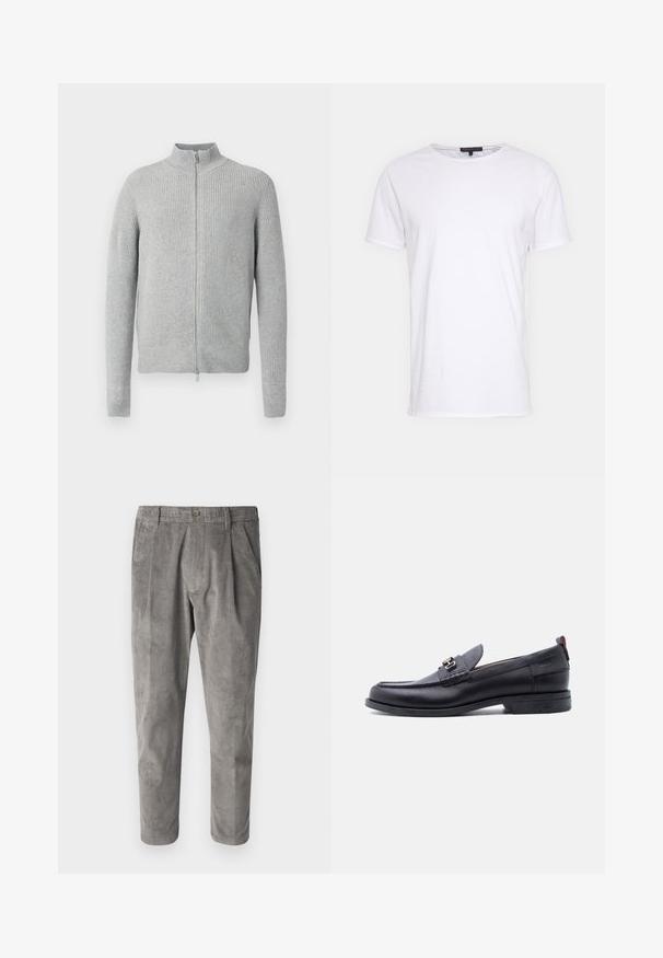 Suéter gris con cremallera y diseño acanalado, con cuello alto, mangas largas y corte ajustado. Hecho de un material de punto suave con detalles texturizados.; Camiseta de algodón blanca con cuello redondo, mangas cortas y corte recto. Presenta una textura simple y suave sin patrones adicionales.; Pantalones de pana grises con un patrón de rayas verticales texturizadas, con cierre de botón y dos bolsillos laterales. Corte ajustado y largo cropped.; Mocasín de cuero negro con empeine gris texturizado, detalle de hebilla metálica plateada, tacón bajo y lengüeta para tirar en la parte trasera.