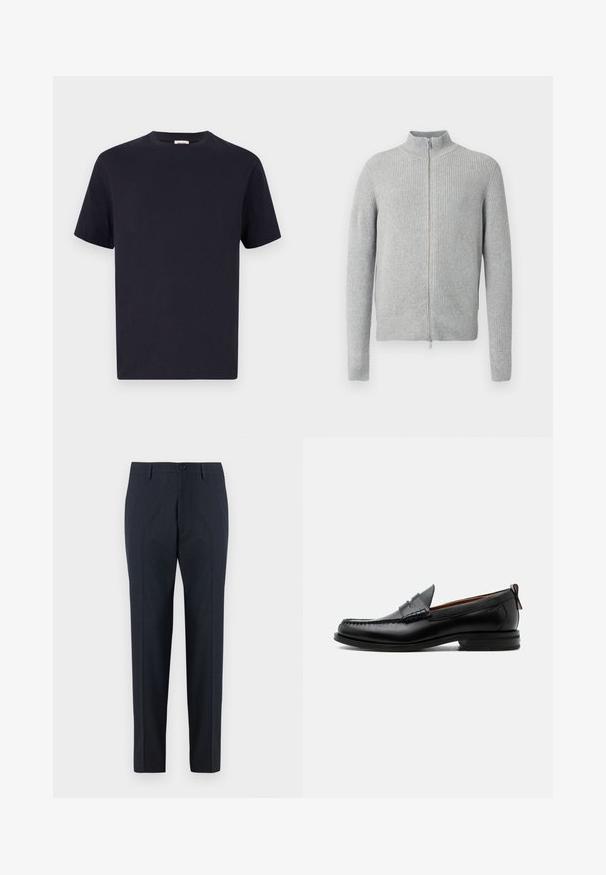 Grijze geribbelde sweater met rits en hoge kraag, lange mouwen en een aansluitend model. Gemaakt van een zachte gebreide stof met textuurelementen.; Navy blauwe katoenen T-shirt met een ronde hals, korte mouwen en een relaxte pasvorm; gladde textuur; geen zichtbare patronen of hardware.; DRYKORN AJEND - Chino - blue; Zwarte leren herensloffen met moc toe stiksel, pennyriem, gestructureerde kraag en lage gestapelde hak op witte achtergrond.
