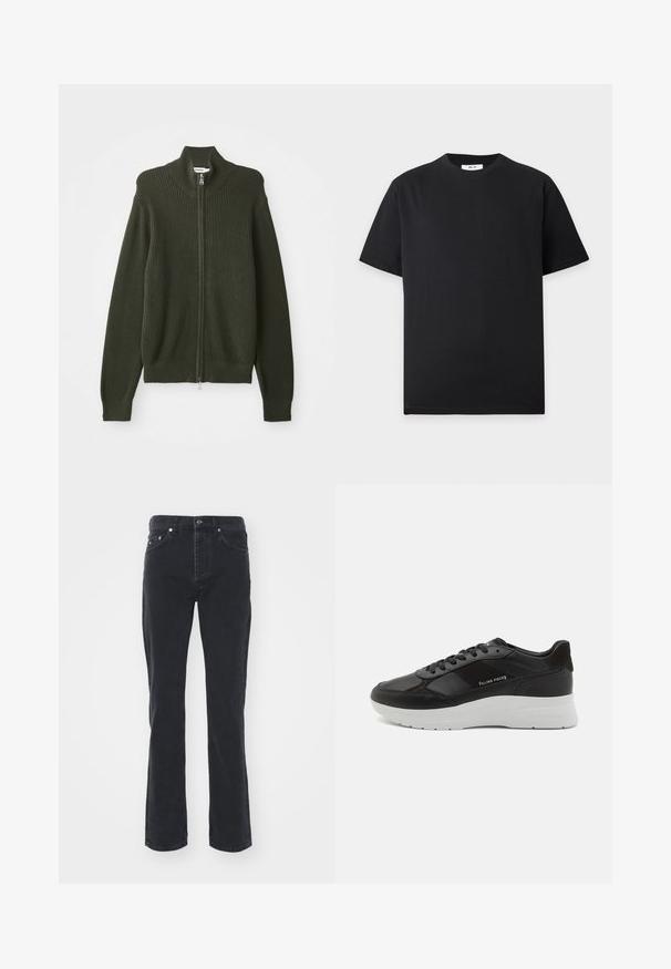 Dunkelgrüner gerippter Strick-Zipfelcardigan mit hohem Kragen und langen Ärmeln, flach auf einem weißen Hintergrund ausgelegt.; Schlichtes schwarzes T-Shirt mit kurzen Ärmeln und Rundhalsausschnitt mit kleinem weißen Etikett innen im Kragen auf hellgrauem Hintergrund.; Schwarze Jeans aus Denim mit geradem Bein, ausgestattet mit fünf Taschen und einem Knopfverschluss. Der Stoff hat eine subtile Textur und eine robuste Verarbeitung.; Schwarze Ledersneaker mit Wildlederdetails, runde Zehenform, weiße Gummisohle und gestickte Verzierungen. Logo seitlich aufgedruckt. Klassisches Schnürdesign.