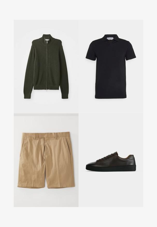 Mørkegrøn ribbet strikjakke med lynlås, høj krave og lange ærmer, liggende fladt på en hvid baggrund.; Sort kortærmet polo-shirt med klassisk krave, lavet af glat stof. Har et mærke med brandnavnet 'Filippa K' ved halsudskæringen.; Khaki shorts med en glat, vævet tekstur, der har to sidelommer og en lige snit, designet med en flad talje og bæltestropper.; Lavprofil mørkebrune lædersneaker med sort gummisål, snørelukning foran og glat minimalistisk design på lys baggrund.