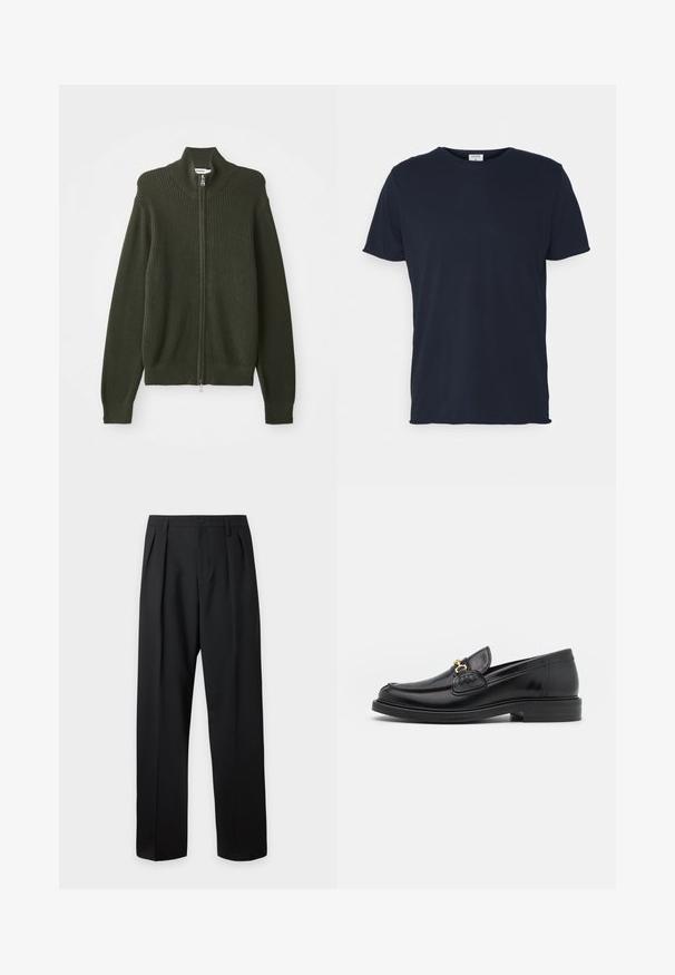 Cardigan zippé côtelé vert foncé avec col haut et manches longues, posé à plat sur un fond blanc.; T-shirt en coton bleu marine avec un col rond et des manches courtes, présentant une texture lisse et un design simple, sans motifs ni accents visibles.; Pantalon noir taille haute, sur-mesure, avec passants pour ceinture, plis sur le devant, fermeture par bouton et jambes droites larges sur fond clair.; Mocassins en cuir noir avec un embout rond, présentant des accents en métal doré et des détails de couture, montés sur une semelle en caoutchouc texturé et basse.