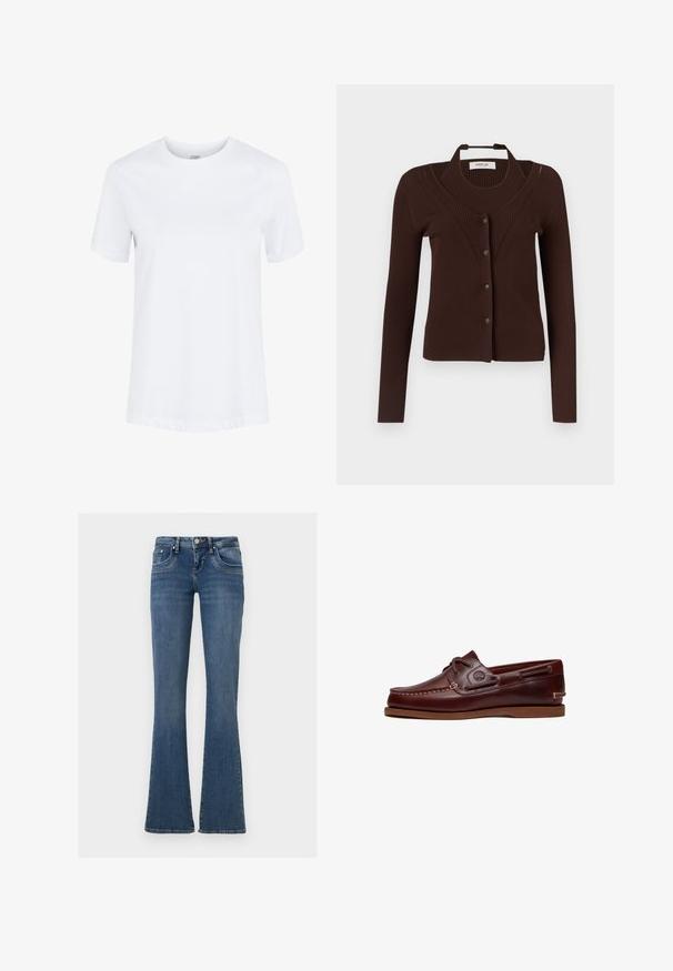 Ribbet, brun cardigan med lange ærmer og knaplukning. Har et unikt nakkedesign og horisontal ribbet tekstur.; Hvid kortærmet bomuld T-shirt med rund hals og foldede ærmekanter, vist på en ensartet hvid baggrund.; Blå denimjeans med mellemhøj talje, fem-lommer-stil, knap- og lynlåslukning samt vide ben mod en ensartet hvid baggrund.; Brun læder bådsko med snørre, syningsdetaljer og Timberland-logo på siden, vist på en hvid baggrund.
