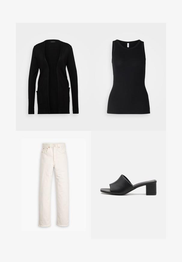 Sort cardigan med åben front, lavet af blødt materiale. Den har lange ærmer og to forlommer. Simpelt design med ribbede detaljer.; Sort ærmeløs tanktop lavet af ribbet stof, med rund halsudskæring og tætsiddende design, med en glat overflade og uden mønstre.; Hvide denim jeans med lige ben, fem-lommestil og kobberdetaljer. Rå kantfinish ved anklerne.; Sorte læder mules med blokhæl og åben tå, med en glat overflade og let buet overdelsdesign for komfort og stil.