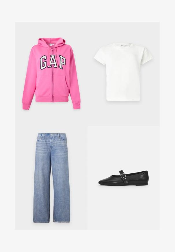 Sweat à capuche zippé rose vif avec poches avant, capuche et grandes lettres blanches et noires "GAP" sur la poitrine. Aucune personne visible.; T-shirt blanc uni à manches courtes et col rond, avec un ourlet droit, présenté sur un fond gris clair.; Jeans large en denim bleu clair, dotés d'un design classique à cinq poches, d'une fermeture à bouton et d'un délavage visible sur le tissu.; Chaussure plate en cuir noir avec un bout arrondi, une seule sangle réglable à boucle et une texture lisse et brillante. Design minimaliste avec un petit talon.