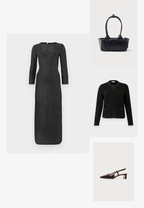 Cardigan noir avec un col rond, tissu texturé et accents de paillettes le long de la fermeture avant et des poches. Manches longues et coupe ajustée.; Robe longue noire à manches longues avec un col rond, ornée d'un motif à pois blancs sur l'ensemble et d'une fermeture éclair dissimulée dans le dos.; Escarpin slingback marron à bout pointu avec talon bloc bas, motif crocodile, découpe latérale et bride à boucle réglable, présenté sur fond blanc.; Sac à main en cuir noir avec deux poignées, sangles décoratives et une base rectangulaire sur un fond uni clair.