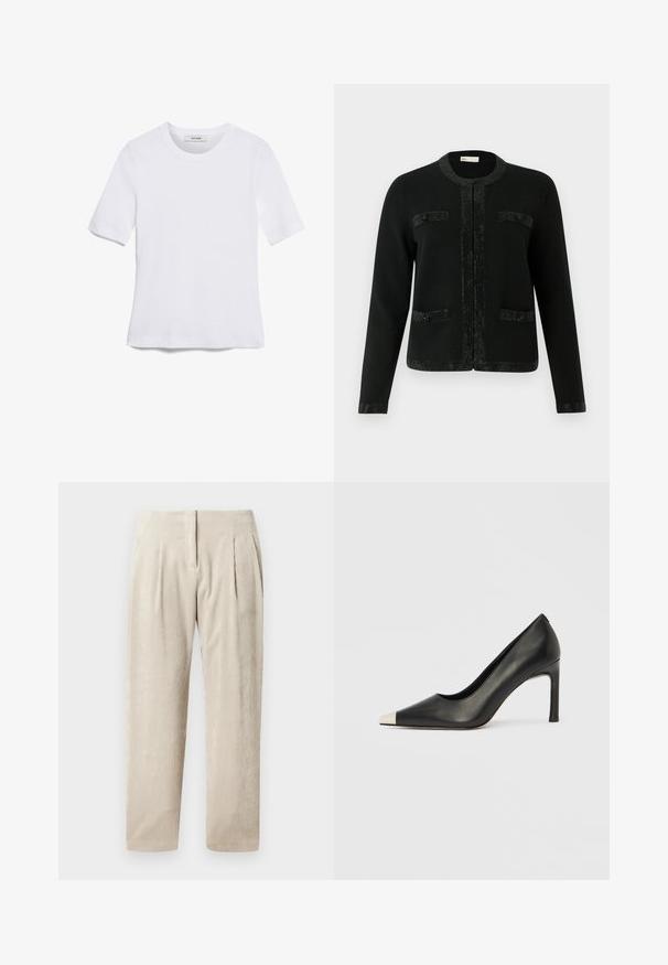 Sort cardigan med rund halsudskæring, tekstureret stof og palietter langs frontlås og lommer. Lange ærmer og skræddersyet pasform.; Hvid kortærmet t-shirt lavet af ribbet stof. Rund halsudskæring, almindelig pasform og subtile syninger. Ingen mønstre eller grafik.; Beige fløjl bukser med lodrette ribber, der har to frontfolder, en skræddersyet pasform og et lige ben design.; Sort læder højhælet sko med spids tå og metal-sølv hætte. Har en glat finish og en slank hæl på 10 cm.