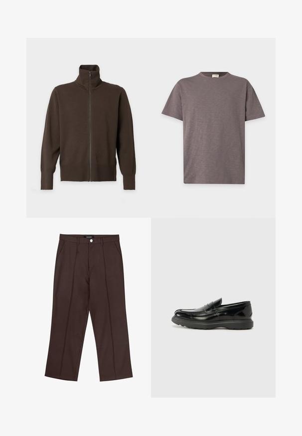 Brun langærmet trøje med lynlås, høj krave og ribstrikkede manchetter og kant, vist på en ensartet lys baggrund.; Plain kortærmet crew-neck t-shirt i dæmpet brun farve med subtil tekstur og lille logo nær nederste højre side.; Brune lige ben bukser med frontfolder, lommer i siden, bæltestropper og en mærke knaplukning i taljen.; Sort læderloafer med en blank finish, rund tå, subtile syninger og en tyk gummisål for holdbarhed.