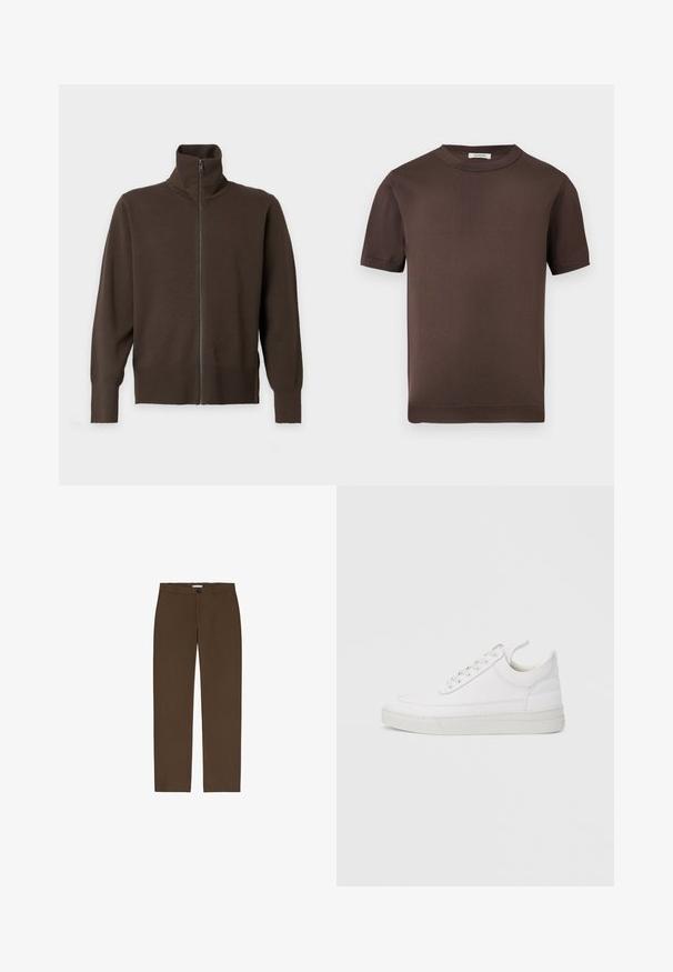 Bruine trui met lange mouwen en ritssluiting, hoge kraag en geribde boorden en zoom, getoond op een effen lichte achtergrond.; Bruin knit shirt met korte mouwen en ronde hals, met geribde kraag en manchetten, afgebeeld tegen een effen lichtgrijze achtergrond.; Bruine, rechte broek gemaakt van gestructureerde stof. Voorzien van een sluiting met een knoop aan de voorkant en riemlussen. Geen zichtbare zakken of patronen.; Witte leren sneaker met een afgeronde neus, platte zool en veters aan de voorkant. Voorzien van stikseldetails en een gevoerde kraag voor comfort.