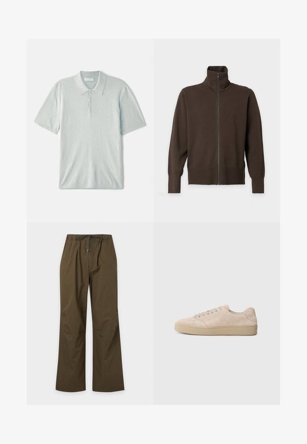 Brun langærmet trøje med lynlås, høj krave og ribstrikkede manchetter og kant, vist på en ensartet lys baggrund.; Lys blå polo shirt lavet af blødt stof, med klassisk krave, tre-knaps lukning og korte ærmer. Minimalistisk design.; Olivengrønne afslappede bukser med elastisk talje og snøre foran, lige ben og en afslappet pasform.; Beige ruskinds sneaker med en rund tå, flade snørebånd og en tekstureret gummisål. Minimalistisk design med glatte kanter og diskret syning.