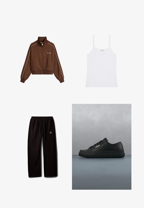 Brun lynlåstrøje med høj krave, hvide piping på ærmerne, to forlommer, ribstrikkede manchetter og kant samt "Marc O'Polo"-logo på brystet.; Hvid Calvin Klein dame top med tynde skulderstropper og enkelt, tætsiddende design.; Sorte vidde bukser med elastisk taljebånd og sidelommer, med en lille Calvin Klein-logo patch på højre lår.; Sort Calvin Klein-sneaker med tekstureret mønster og tyk sål, svævende over en træflisebelagt overflade udendørs nær en plante og en væg.