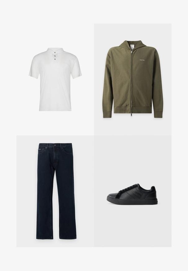 Sweat à capuche zippé vert olive avec capuche et petit logo blanc Calvin Klein sur le côté gauche de la poitrine.; Polo blanc en coton avec manches courtes, col à revers et trois boutons noirs à l'avant. Texture lisse avec un marquage minimal.; Jean droit bleu foncé avec fermeture à bouton et zip à l'avant, poches avant, et passants pour ceinture.; Baskets noires en cuir avec une finition lisse, panneaux latéraux texturés, bout rond, semelle plate et détail de logo sur le côté. Présente un lacet classique.