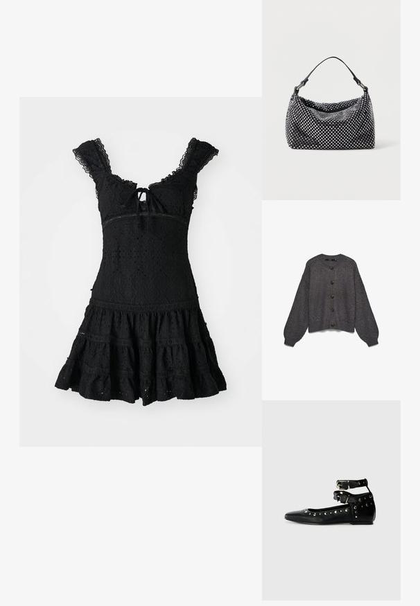 Grå strikket cardigan med rund krave, syv store mørke knapper foran og oversize ærmer. Tekstureret mønster over det hele.; Sort blondekjole med tætsiddende liv, flæseærmer og en udskåret skørt. Har detaljer med en nøglehulslukning og indviklede blomstermønstre.; Replay SABINE DOUBLE - Ballerinasko - black; Sort og sølv håndtaske med en vævet, struktureret overflade med firkantede mønstre, en enkel top håndtag og et slasket design.