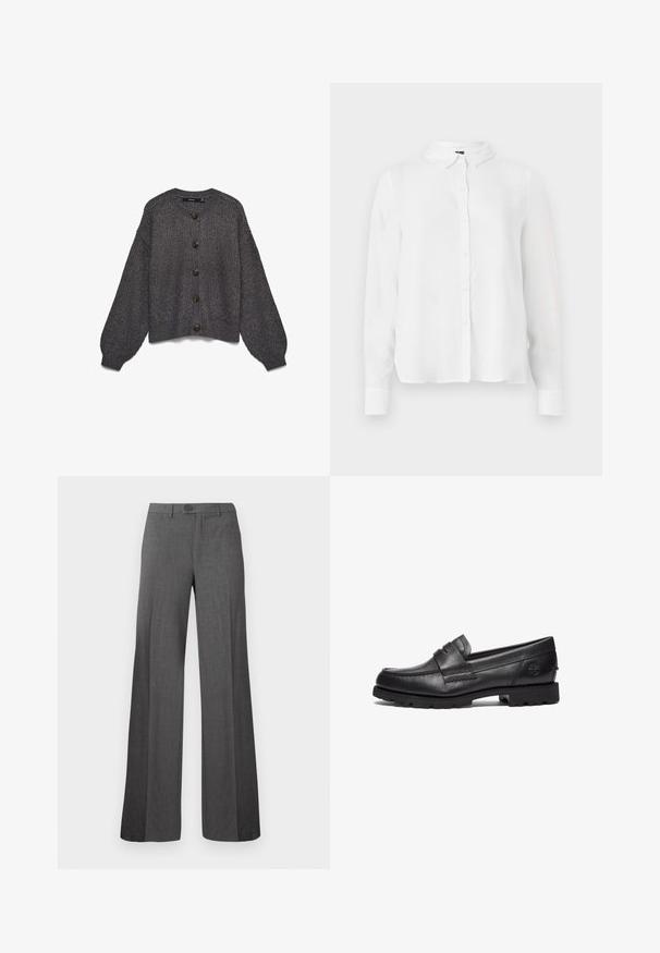 Grå strikket cardigan med rund krave, syv store mørke knapper foran og oversize ærmer. Tekstureret mønster over det hele.; Langærmet hvid skjorte med knaplukning foran, klassisk krave og glat stof med en let løs pasform.; Grå vidde bukser med knap og lynlås, flad front og bæltestropper, vist på en ensfarvet lys baggrund.; Timberland Loafers - black