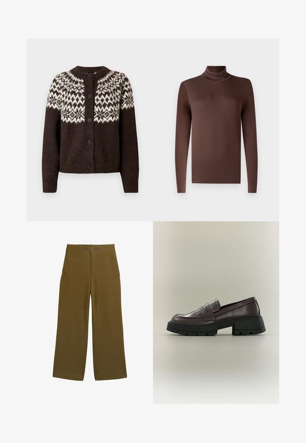 Brun strikket cardigan med hvidt geometrisk mønster langs bærestykket, rund hals og fem sorte knapper foran. Blød tekstur.; Brun langærmet turtleneck top lavet af et glat, strækbart materiale. Har en høj hals og en tætsiddende pasform, med en ren kant.; Bredde benbukser i olivengrønt stof, med en glat tekstur og ingen synlige lukninger. Designet til en afslappet pasform med rene linjer.; Mørkebrun læder loafer med tyk sort chunky sål og lav blokhæl på neutral baggrund.