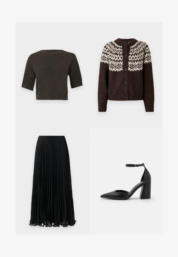 Brun strikket cardigan med hvidt geometrisk mønster langs bærestykket, rund hals og fem sorte knapper foran. Blød tekstur.; Brun ribbet strik top med korte ærmer, rund halsudskæring og cropped design. Den strukturerede stof fremhæver lodrette linjer gennem hele toppen.; Sort plisseret midiskørt i gennemsigtig stof med elastisk talje, vist fladt mod en hvid baggrund.; Sort højhælet sko fremstillet af glat læder, med spidse tå, udskårne sider og en justerbar ankelrem med en blok hæl.