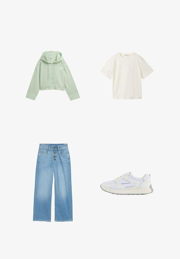 Lichtgroene cropped hoodie met een rits aan de voorkant, een trekkoordkap, en "SUNNY SIDE" in het wit gedrukt. Gemaakt van zachte, textuurlijke stof.; TOM TAILOR DENIM T-shirt basic - gardenia white; Lichtblauwe wijde jeans van denim, met een hoge taille, vijf knopen aan de voorkant en twee voorzakken. Gladde textuur door het hele kledingstuk.; Witte sportschoen met een bovenwerk van mesh en synthetisch materiaal, voorzien van zilveren accenten en een gestructureerde rubberen zool, gelabeld "TOM TAILOR."