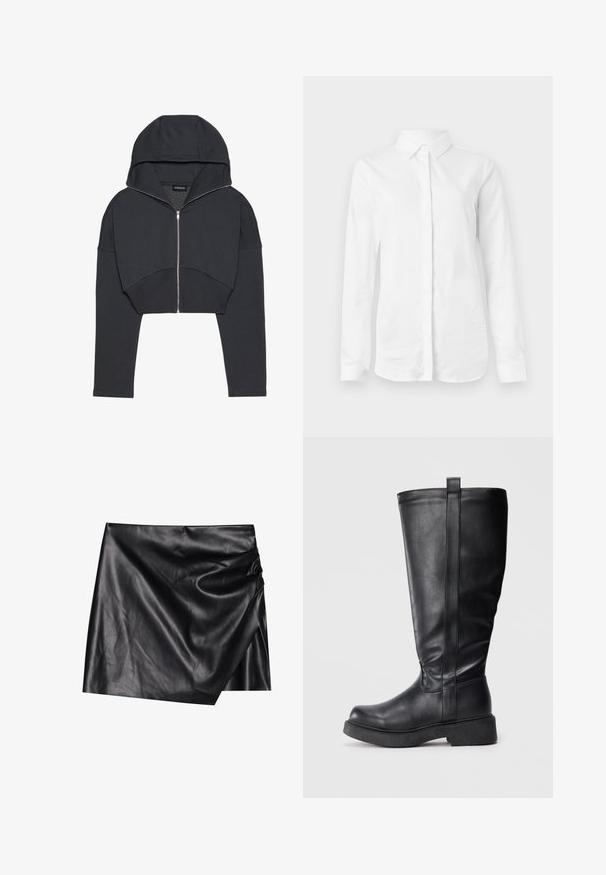 Afskåret sort hættetrøje lavet af blødt materiale med lynlås foran, stor hætte og ribbede manchetter. Har et minimalistisk design uden mønstre.; Hvid langærmet skjorte lavet af glat bomuld. Har en klassisk krave og en knaplukning fortil med en lige kant uden mønstre.; Sort læder mini nederdel med en omslagdesign, der har en blød, glat tekstur og diskrete draperingsdetaljer på den ene side.; Sorte knæhøje støvler lavet af glat læder med rundet tå, flad sål og en lodret sømdetalje langs siden.
