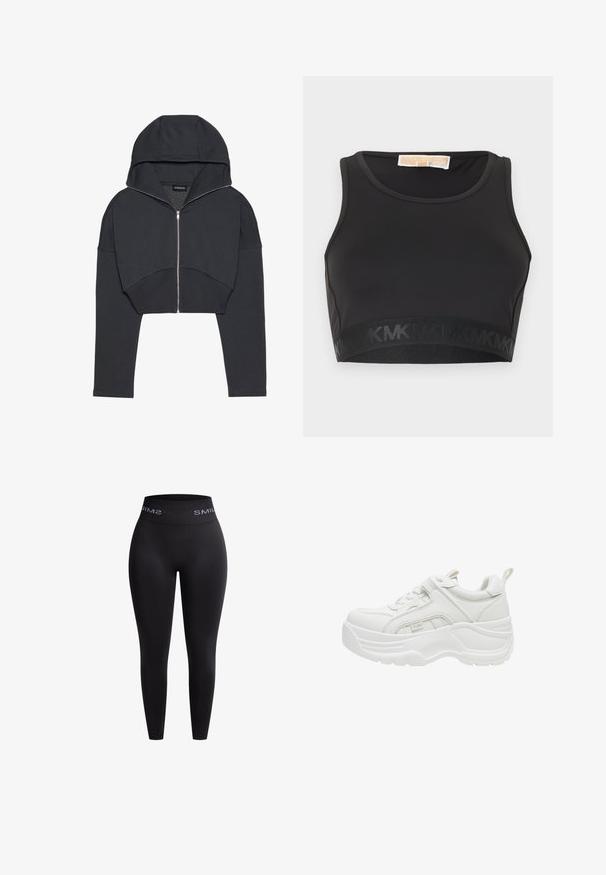 Haut noir court en tissu doux avec fermeture éclair sur le devant, grande capuche et poignets côtelés. Présente un design minimaliste sans motifs.; Brassière de sport noire en tissu lisse, dotée d'un col rond et d'une bande élastique logoée en bas.; Leggings noirs en tissu extensible avec une taille haute élastique présentant le texte "SMIL" en blanc. Texture lisse et design ajusté.; Baskets blanches épaisses avec semelle épaisse, laçage sur l'avant, col matelassé et languette à l'arrière.