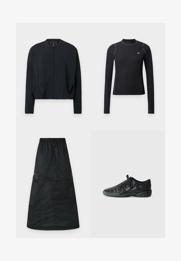 Black cropped zip-up jacket with a round neck, long sleeves, and ribbed cuffs. Made of soft fabric with no visible patterns or hardware details.; Black long-sleeve top with a high neck, textured fabric, and contrast stitching. Features a small logo on the chest and fitted design.; Black athletic skirt made of lightweight, smooth nylon fabric. Features an elastic waistband and a simple, long, A-line design.; Black leather athletic shoe with a quilted design, rounded toe, lace-up front, and rubber sole. Features subtle branding on the side.