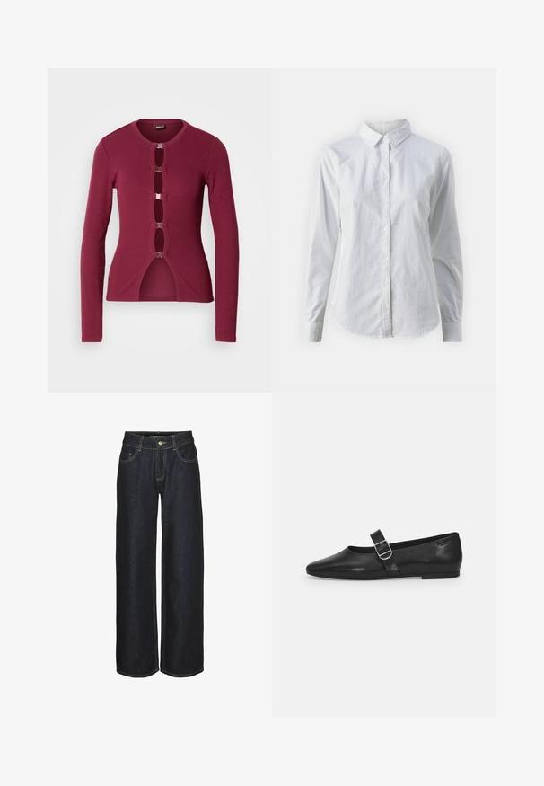 Rød langærmet cardigan med rund halsudskæring, der har et front cutout-design holdt på plads af sølvfarvede hardware-detaljer. Strikket stof med ribbet tekstur.; Hvid skjorte med knapper lavet af glat bomuld, der har en klassisk krave, lange ærmer og en buet kant. Knapperne er små og hvide.; Mørkeblå lige ben jeans med frontlommer, bæltestropper og gule kontrastsyninger, vist på en hvid baggrund.; Sorte læder flade sko med rund tå, et enkelt justerbart spænde og en glat, blank overflade. Minimalistisk design med en lav hæl.