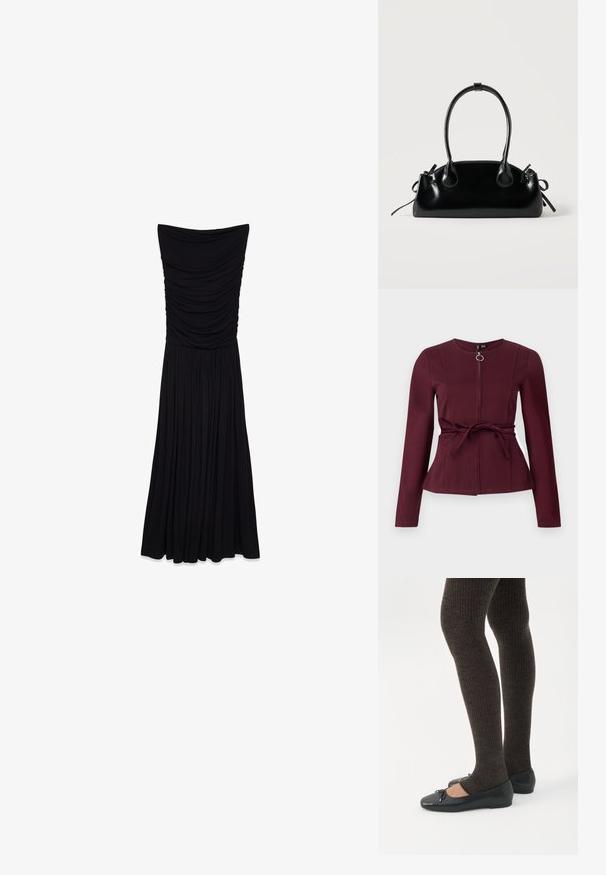 Chaqueta burdeos de manga larga con cremallera frontal, escote redondo y cinturón de tela desmontable atado a la cintura, corte entallado.; Vestido maxi negro sin tirantes con textura recogida en el torso y una falda fluida y plisada. Hecho de una tela suave y elástica.; Piernas con leggings oscuros acanalados combinados con bailarinas negras que presentan pequeños detalles de lazo sobre un fondo blanco.; Pequeño bolso negro brillante con dos asas largas y detalles de cordón lateral sobre un fondo claro liso.