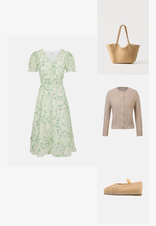 Beige ribstrikket cardigan lavet af tekstureret strikstof med rund halsudskæring og seks knapper foran i lyse farver.; Lysegrøn blomsterkjole med korte puffærmer, V-udskæring, elastisk talje og en flæsekant, der når midt på læggen.; Loeffler Randall KAYLA - Espadrilles - natural; Vævet stråtaske med bred bund, flettede håndtag og naturlig beige farve på ensfarvet hvid baggrund.