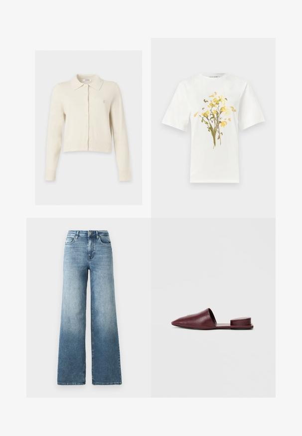 Langærmet cardigan i cremefarve med krave og knapper foran, med et lille broderet logo på brystet.; Hvid bomulds-T-shirt med blomsterdesign i gule og grønne nuancer. Kortærmet og rund halsudskæring fuldender designet.; Vide ben jeans i lys blå vask, med høj talje, fem-lomme design og subtil falmen på stoffet. Klassisk metalknap lukning.; Burgunderrøde læder slip-on mules med spids tå, åben hæl og polstret hæl accent. Glat tekstur og minimalistisk design.