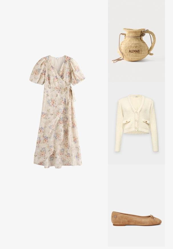 Kort crèmekleurig vest met een V-hals, textuur gebreide stof, twee voorkruiszakken en drie ronde knopen in een contrasterende kleur.; Wikkeljurk met pofmouwen, pastelbloemenprint op crème achtergrond, V-hals en ceintuur in de taille, midi lengte met gelaagde rok.; Beige suède balletschoen met een lichtpuntige neus, een strikaccent aan de voorkant en een klein metallic logo op de hak. Platte zool.; Ronde gevlochten strohandtas met een handvat van touw en "ALEMAIS" geborduurd aan de zijkant in bruine draad.