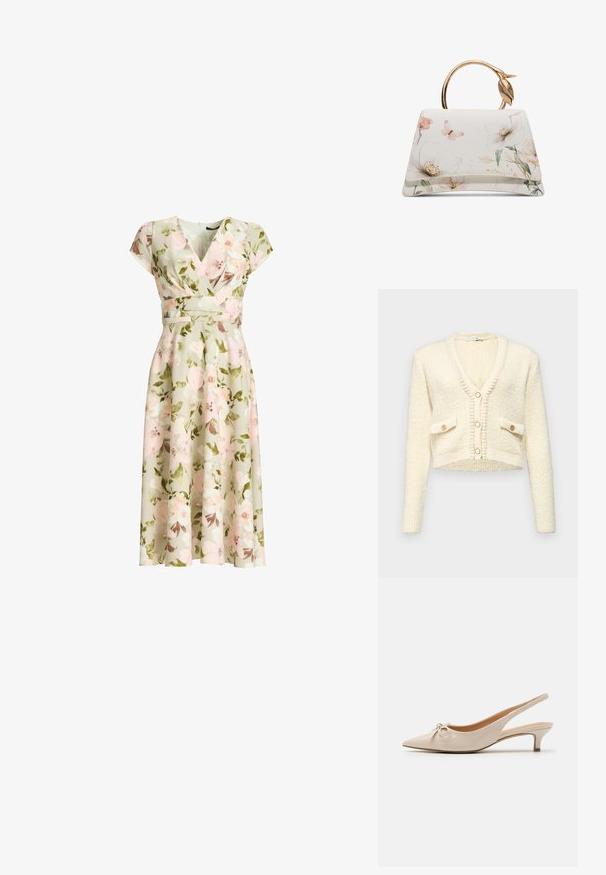 Cárdigan de crema recortado con escote en V, tejido texturizado, dos bolsillos frontales y tres botones redondos en color contrastante.; Vestido cruzado verde con estampado floral, mangas tipo capa, cintura ajustada y falda midi en línea A con flores rosas y blancas y hojas verdes.; Tacones slingback de charol beige con puntera afilada y un lazo decorativo en el empeine. Incluyen un tacón bajo y estilizado con una textura suave.; Bolso blanco con estampado floral y de mariposas, forma trapezoidal, y asa redonda dorada con detalle de hoja.