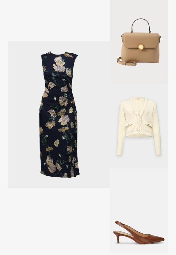 Kort crèmekleurig vest met een V-hals, textuur gebreide stof, twee voorkruiszakken en drie ronde knopen in een contrasterende kleur.; Mouwloze, aangesloten midi-jurk in donkerblauw met een geel-groene bloemenprint, zijsplitdetail en ronde hals.; Bruine leren damesslingback met puntige neus en lage kittenhak op witte achtergrond.; Beige leren handtas met een bovenhandvat, klepsluiting, gouden ronde sluiting en verstelbare schouderriem op een lichte achtergrond.