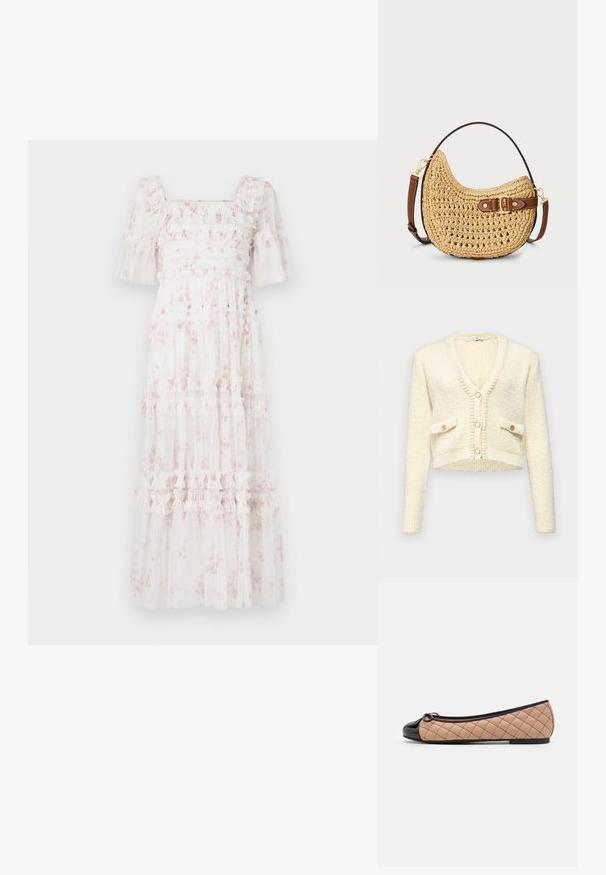 Cárdigan de crema recortado con escote en V, tejido texturizado, dos bolsillos frontales y tres botones redondos en color contrastante.; Vestido midi blanco con patrones florales rosas, corpiño fruncido, mangas con volantes y falda de capas con volantes horizontales y textura translúcida.; Pretty Ballerinas Bailarinas - black/beige; Bolso hobo de paja trenzada con forma curva, correa de cuero marrón con hebilla y color natural tostado. Superficie texturizada con costuras visibles.