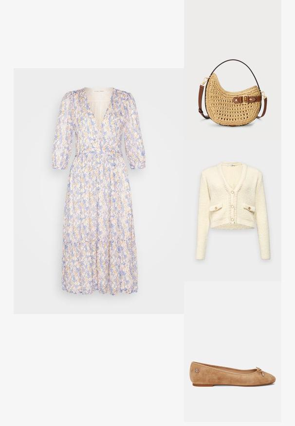 Afskåret cremefarvet cardigan med V-hals, struktureret strikstof, to frontlommer og tre runde knapper i kontrastfarve.; Second Female POPPI MIDI DRESS - Hverdagskjole - amparo blue; Beige ruskind ballet sko med en let spids tå, en sløjfe på forsiden og et lille metallic logo på hælen. Flad sål.; Vævet halmmulesæk med en buet form, brunt læderstrop med spænde og en naturlig tan farve. Tekstureret overflade med synlige sting.