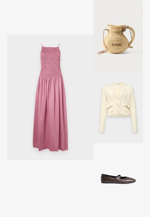 Gilet créme court avec col en V, tissu tricoté texturé, deux poches avant et trois boutons ronds de couleur contrastante.; Robe maxi en rose pâle, avec un corsage smocké, de fines bretelles et une jupe fluide avec une taille froncée. Fabriquée en tissu léger.; Chaussures plates en cuir brun avec un bout arrondi et une sangle à boucle ajustable au milieu du pied. Texture lisse et design minimaliste.; Sac à main rond en paille tissée avec une anse en corde et "ALEMAIS" brodé sur le côté en fil marron.