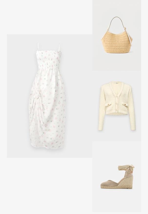 Gilet créme court avec col en V, tissu tricoté texturé, deux poches avant et trois boutons ronds de couleur contrastante.; Robe blanche avec un corsage smocké, fines bretelles et motif floral rose. Présente un tissu froncé avec un détail de nœud sur le côté et une fente.; Espadrille beige à talon compensé avec une tige en tissu texturé, un talon en jute tissé et un lien en ruban à la cheville pour un maintien sécurisé.; Sac à main en paille tissée beige avec garniture en cuir blanc et bandoulière réglable, présenté sur un fond clair uni.