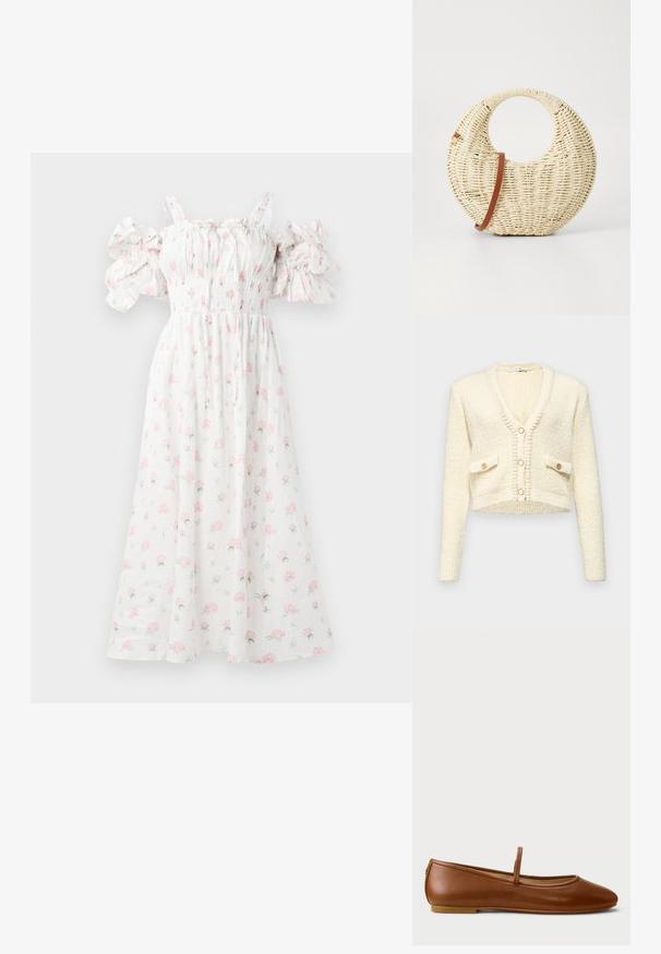 Afskåret cremefarvet cardigan med V-hals, struktureret strikstof, to frontlommer og tre runde knapper i kontrastfarve.; Hvid blomsterkjole med pink rosetter, smocket liv, skulderfri puffærmer og en svævende silhuet.; Brun læder flad Mary Jane sko med rund tå og enkelt rem over vinden, sat på en flad gummisål.; Rund flettet taske i naturligt strå med en tekstureret overflade. Har en glat brun læderrem og et cirkulært håndtag.