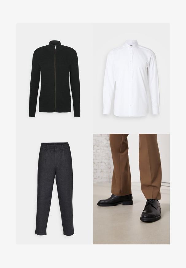 Lindbergh O-NECK STRUCTURE - Sweater met rits - black; Witte lange mouw blouse van gladde stof, met een klassieke kraag, knopenlijst en een getailleerde pasvorm. Geen patronen of accenten.; Jack & Jones PREMIUM JPSTKARL JJREESE TAPERED - Chino - dark grey; Zwarte leren schoenen met een gladde oppervlakte en een ronde neus, metveterafsluiting en een lage, platte zool. Gecombineerd met bruine broeken.