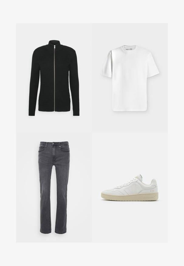 Lindbergh O-NECK STRUCTURE - Sweatjacke - black; Schlichtes weißes T-Shirt mit kurzen Ärmeln und Rundhalsausschnitt, flach auf einem hellgrauen Hintergrund liegend mit einem kleinen Markenlabel im Halsausschnitt.; Graue Denim-Jeans mit geradem Schnitt, ausgestattet mit Fronttaschen und einem klassischen Knopfverschluss. Glatte Textur mit subtiler Ausbleichung.; Weiße Leder-Sneaker mit strukturierter Oberfläche und gepolstertem Kragen. Sie verfügen über eine beigen Gummisohle und dezente Markenkennzeichnung an der Ferse und an der Seite.