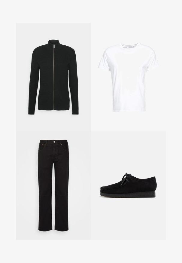 Lindbergh O-NECK STRUCTURE - Sweatjacke - black; Weißes Baumwoll-T-Shirt mit rundem Ausschnitt und kurzen Ärmeln, im klassischen Schnitt und mit glatter Textur. Keine sichtbaren Muster oder Hardware.; Schwarze gerade geschnittene Jeans aus Baumwolle. Verfügt über fünf Taschen, einen Metallknopf und orangefarbene Nähte an der Vorderseite.; Schwarze Wildlederschuhe mit rundem Zehendesign, einer Schnürfront und einer strukturierten schwarzen Gummisohle. Glattes Obermaterial mit dezenten Nahtdetails.