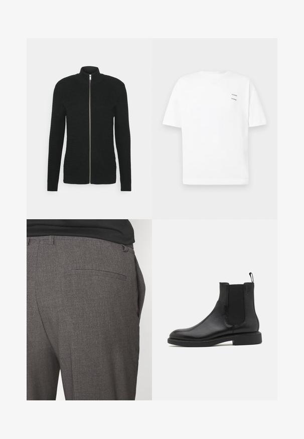 Lindbergh O-NECK STRUCTURE - Sweatjakke - black; Hvid bomulds t-shirt med en afslappet pasform, korte ærmer og V-udskæring. Har to små sorte trykte logoer på venstre side.; Grå skræddersyede bukser med en glat tekstur, udstyret med en enkelt baglomme og et slim fit design. Stoffet har et subtilt mønster.; Sort læder ankelstøvle med glat overflade, elastiske sidepaneler og en trækstrop. Rund tå og flad gummisål med minimal mønster.