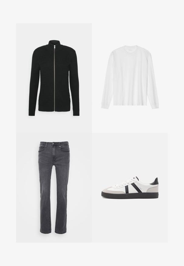 Lindbergh O-NECK STRUCTURE - Sweat zippé - black; T-shirt blanc en coton à manches longues avec col rond, doté de poignets côtelés et d'un ourlet droit, texture lisse et design minimaliste.; Jean en denim gris avec une coupe droite, présentant des poches avant et une fermeture à bouton classique. Texture lisse avec un léger dégradé.; Baskets blanches avec des accents noirs et gris, présentant un embout texturé gris, une semelle en caoutchouc noir et des lacets plats blancs. Design épuré, style minimaliste.